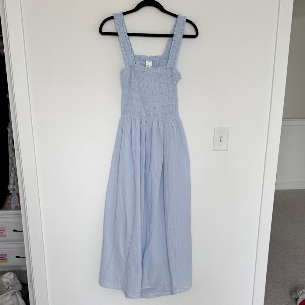 H&M NWT Sky Blue Open Back Cotton Smocked Maxi Dress - Size M
